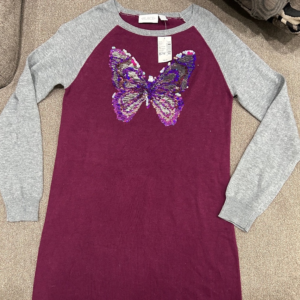 XL kids size 14 butterfly glitter long sleeve dress